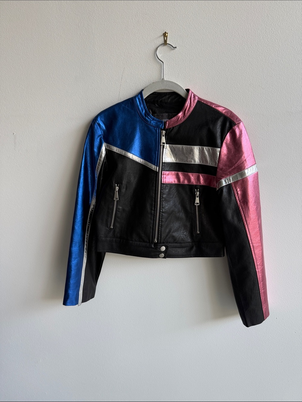 Urban Outfitters Metallic Colorblock Cropped Leather Jacket - Blue, Pink & Black
